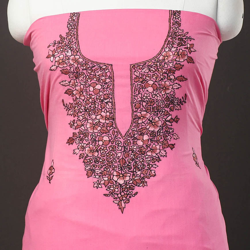  Pink Kashida Hand Embroidery Cotton Kurta Material
