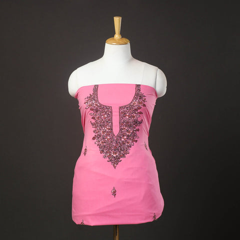  Pink Kashida Hand Embroidery Cotton Kurta Material