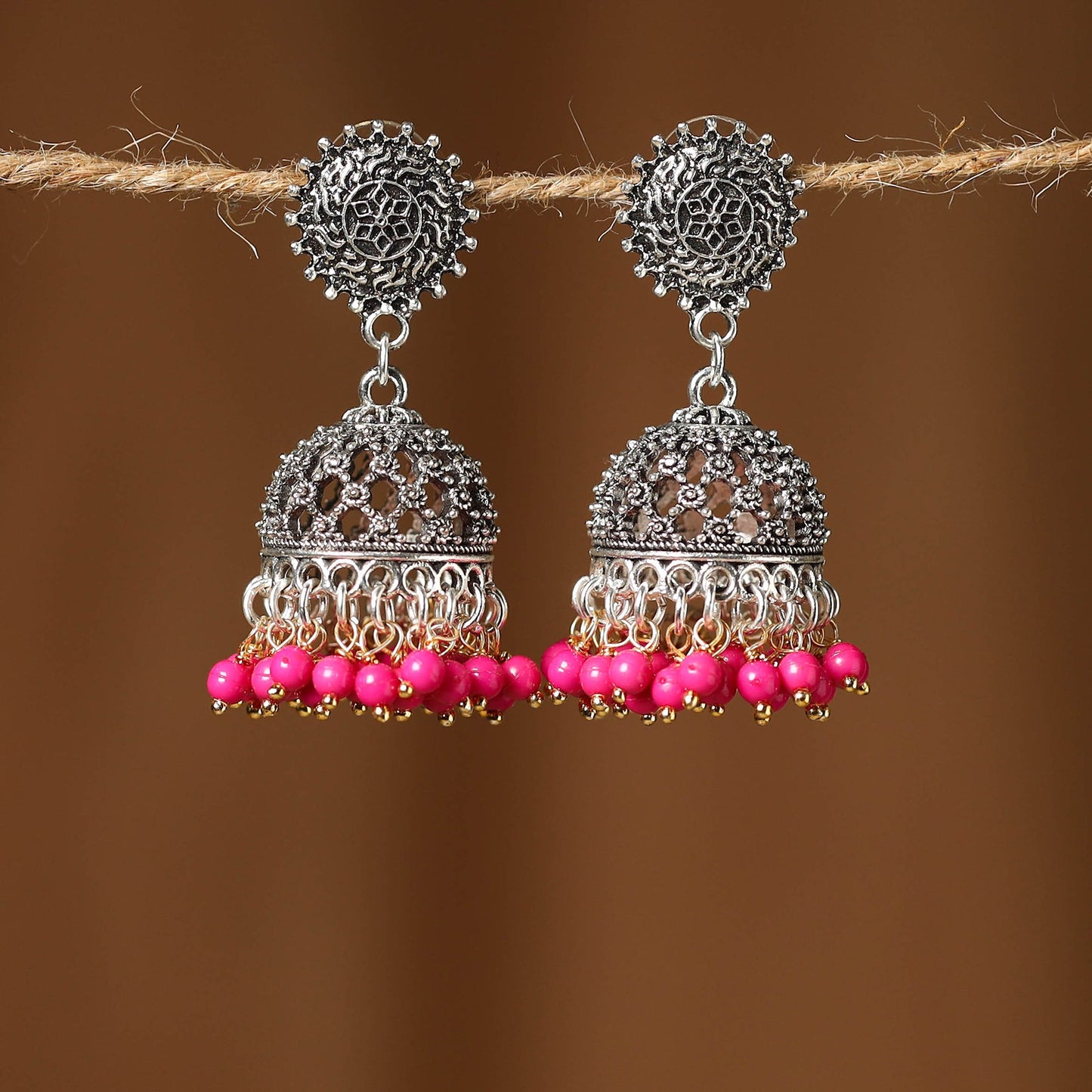 Pink Khushi German Silver Beaded Jhumki Earrings