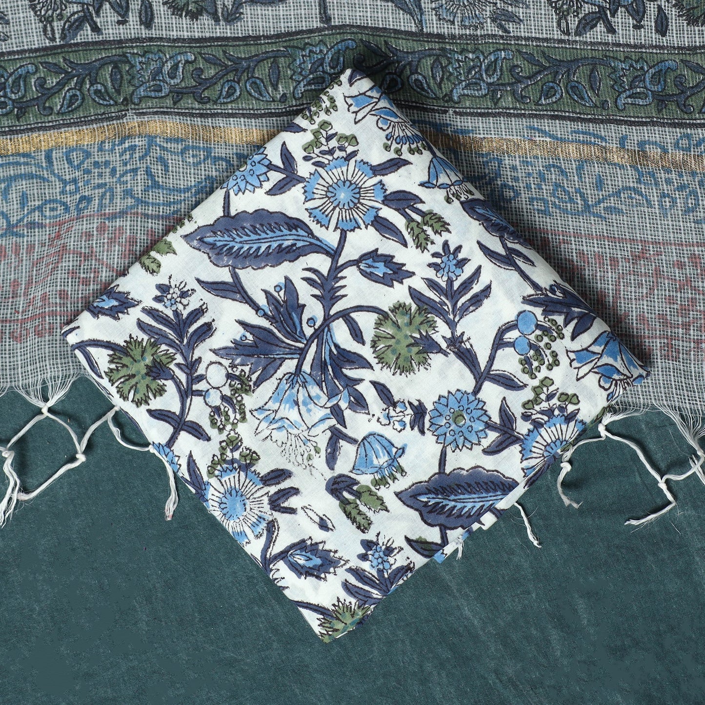 Kota doria cotton hand block sanganeri print 3pc unstitched