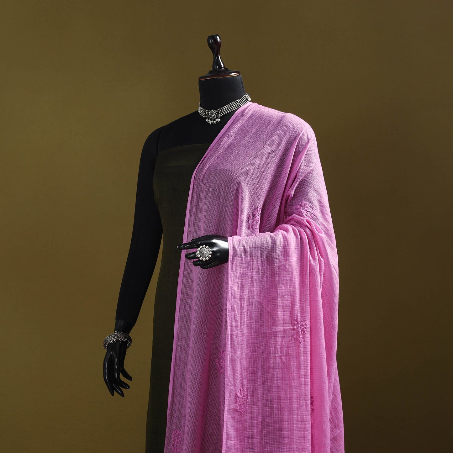 Pink - kota doria cotton hand embroidered lucknowi