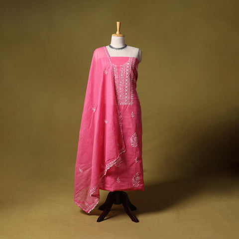 Pink - kota doria cotton lucknow chikankari 2pc unstitched