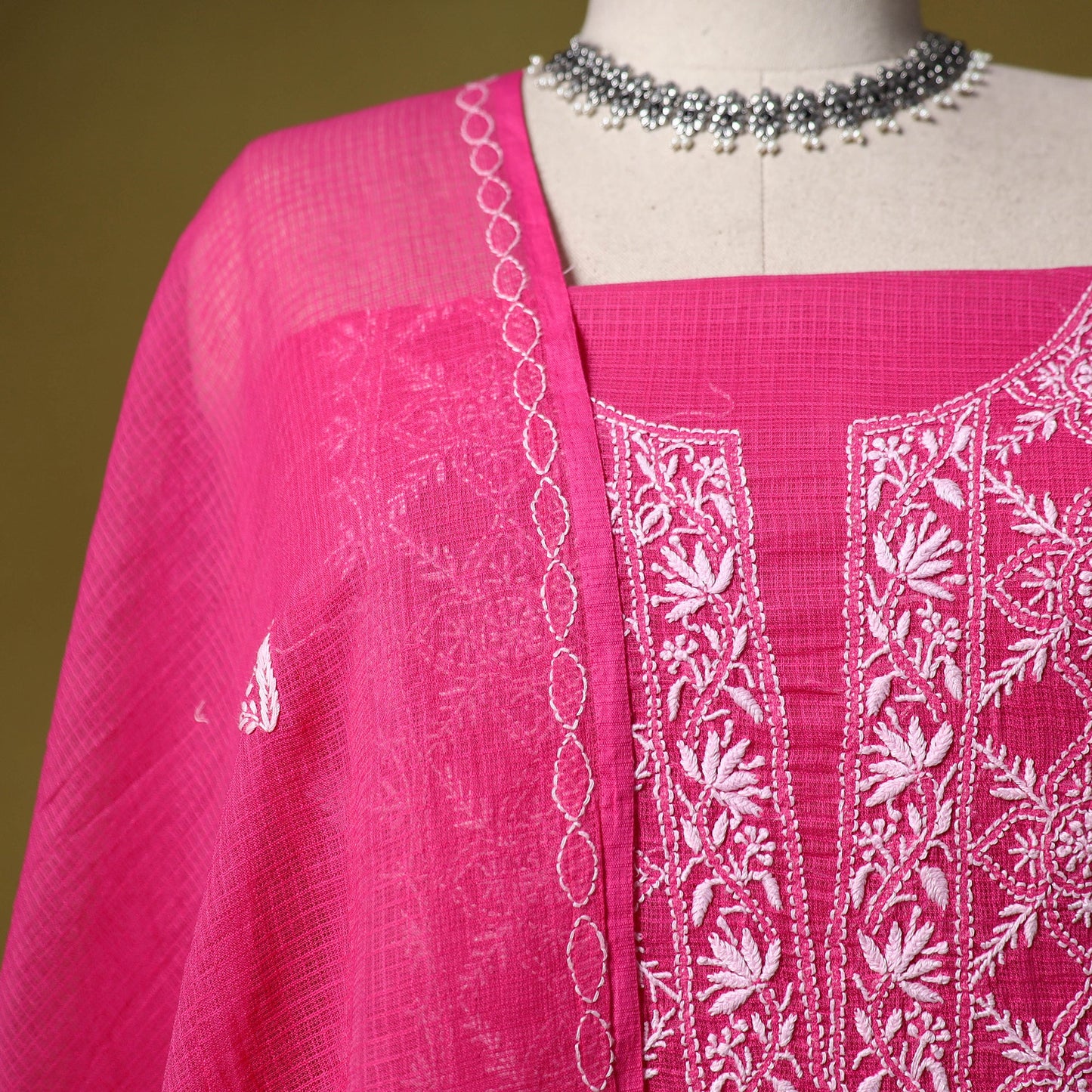 Pink - kota doria cotton lucknow chikankari 2pc unstitched