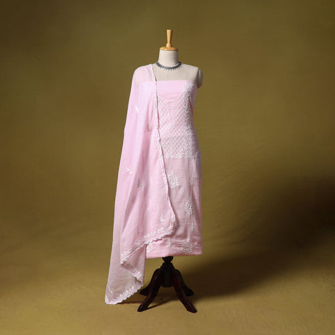 Pink - kota doria cotton lucknow chikankari 2pc unstitched