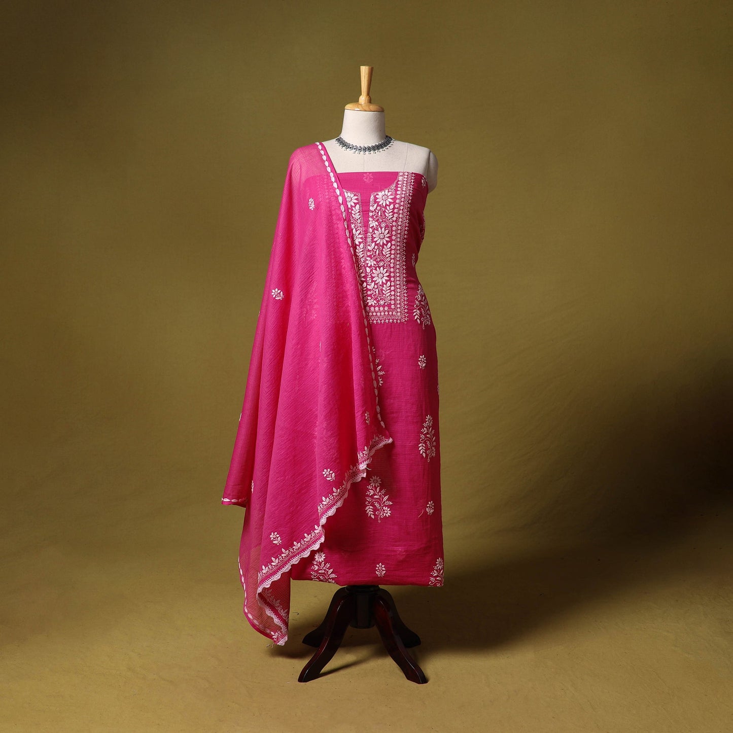 Pink - kota doria cotton lucknow chikankari 2pc unstitched