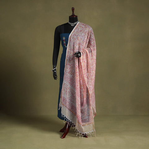 Pink Block Print Kota Doria Cotton Sanganeri Floral Dupatta 