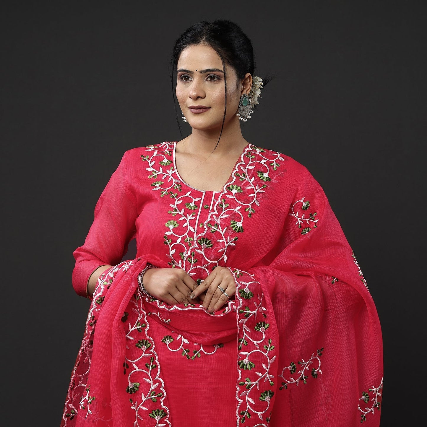  Kota Doria Embroidery Silk Kurta with Palazzo & Dupatta Set 