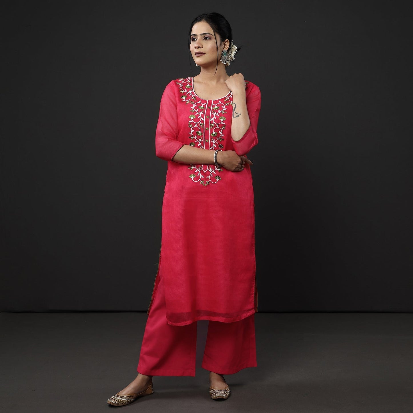  Kota Doria Embroidery Silk Kurta with Palazzo & Dupatta Set 