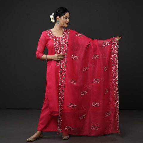  Kota Doria Embroidery Silk Kurta with Palazzo & Dupatta Set 