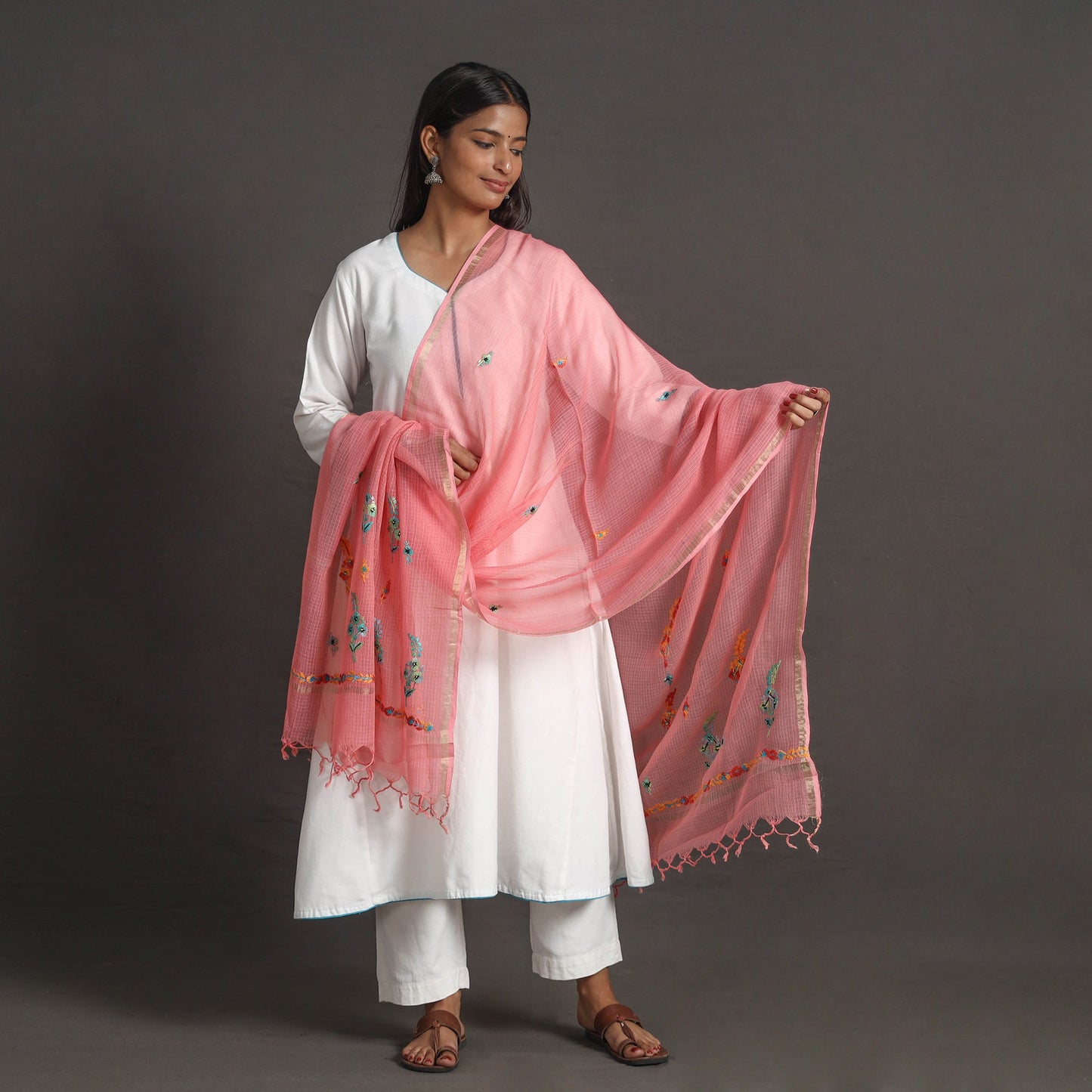 Pink - kota doria silk cotton kashida embroidery dupatta 61