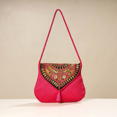 Pink Kutch Ahir Embroidery Mashru Silk Hand Bag
