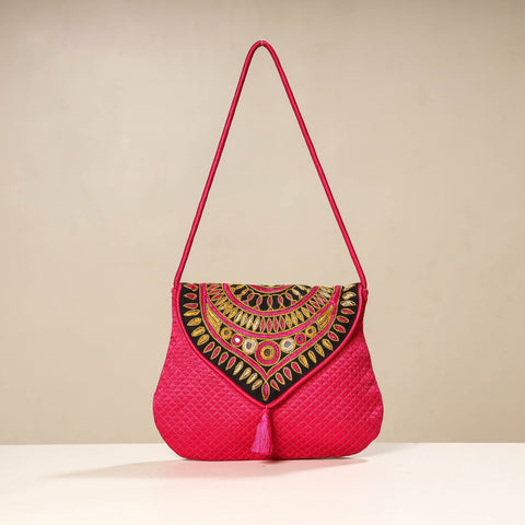 Pink Kutch Ahir Embroidery Mashru Silk Hand Bag