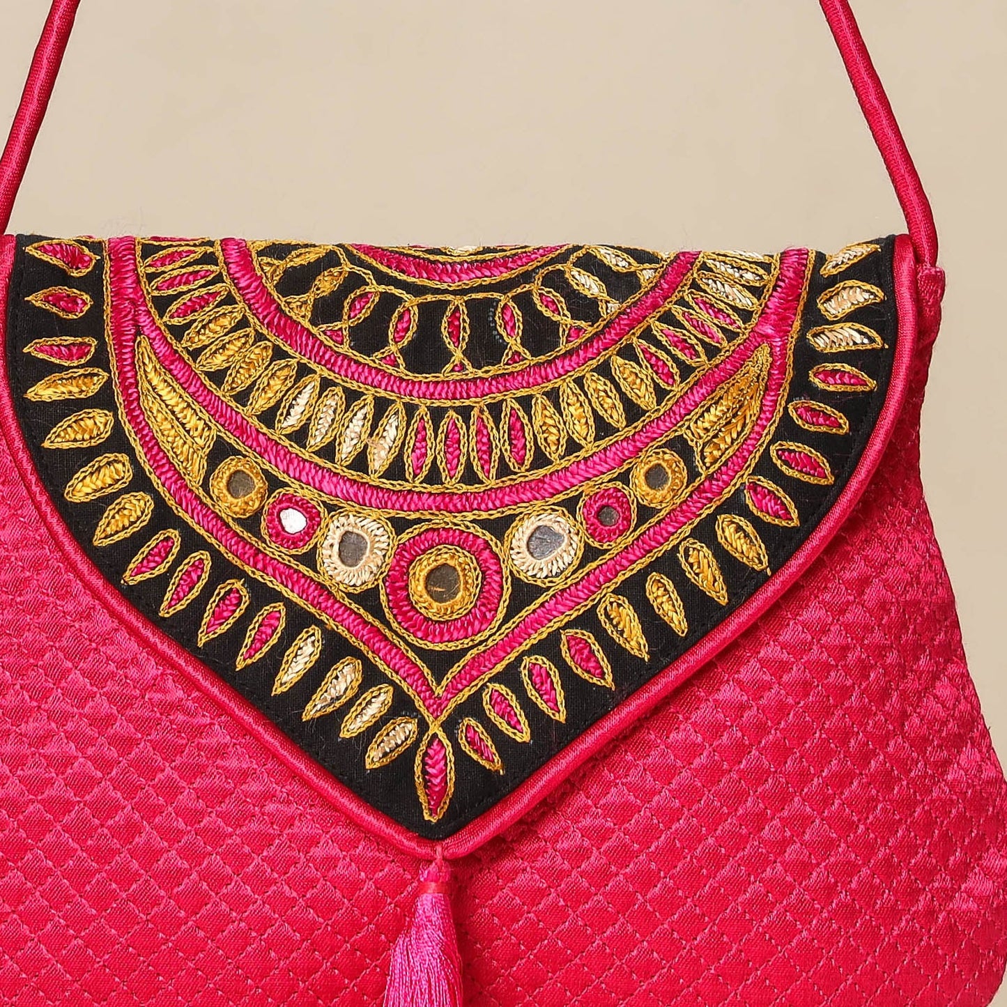 Pink Kutch Ahir Embroidery Mashru Silk Hand Bag