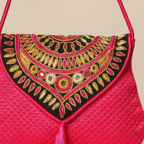 Pink Kutch Ahir Embroidery Mashru Silk Hand Bag