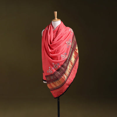 Pink - kutch ahir hand embroidery mirror work woollen shawl