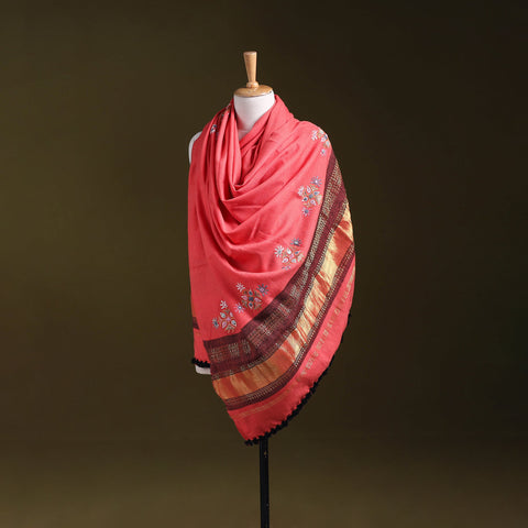 Pink - kutch ahir hand embroidery mirror work woollen shawl