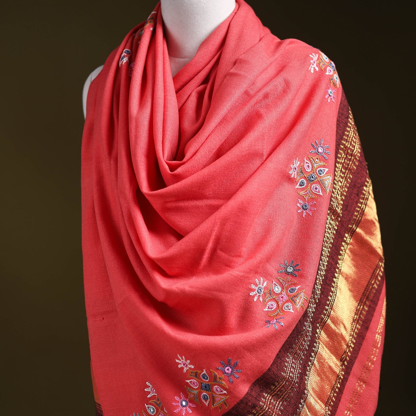 Pink - kutch ahir hand embroidery mirror work woollen shawl