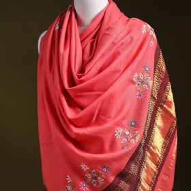 Pink - kutch ahir hand embroidery mirror work woollen shawl