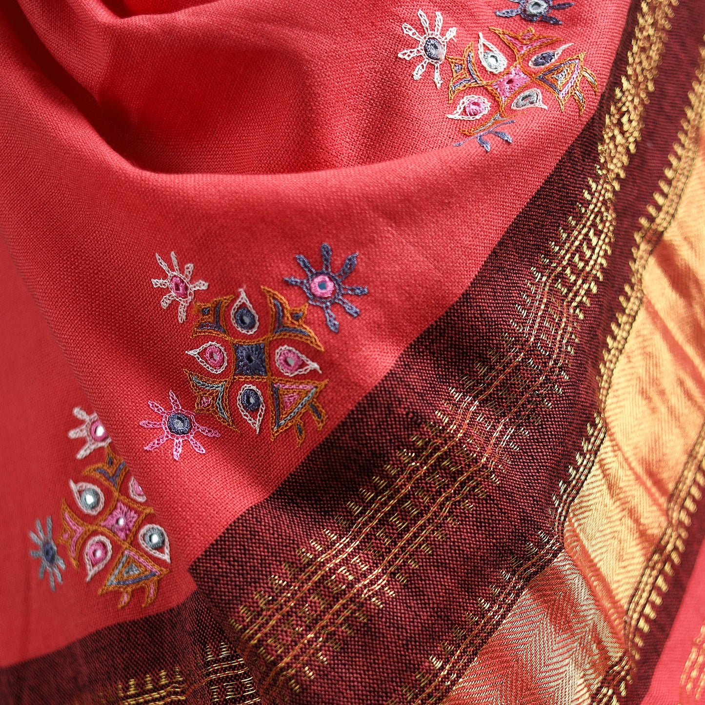 Pink - kutch ahir hand embroidery mirror work woollen shawl