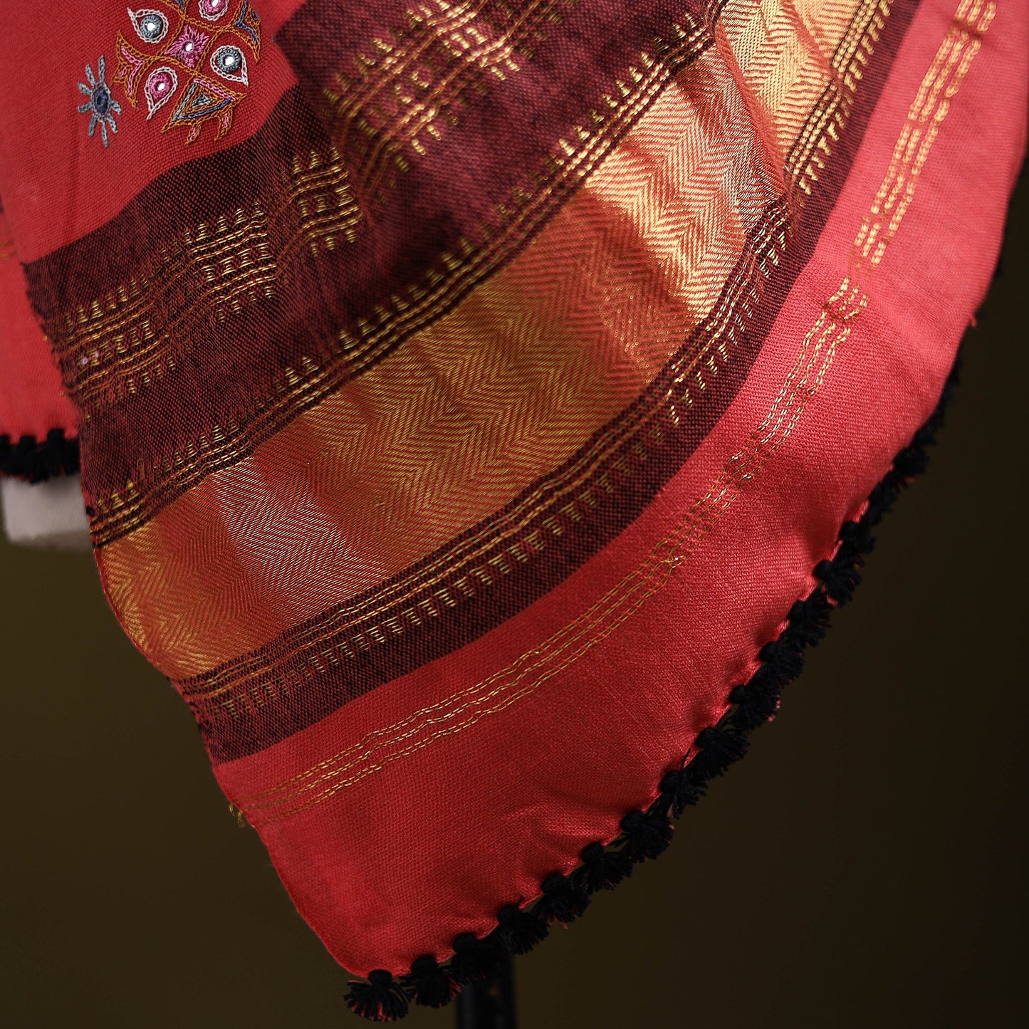 Pink - kutch ahir hand embroidery mirror work woollen shawl