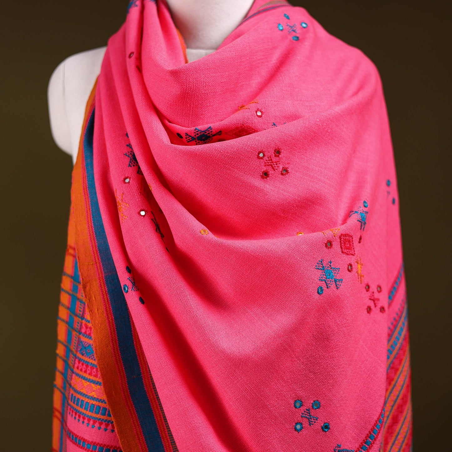 Kutch bhujodi handwoven mirror work acrylic wool shawl 50