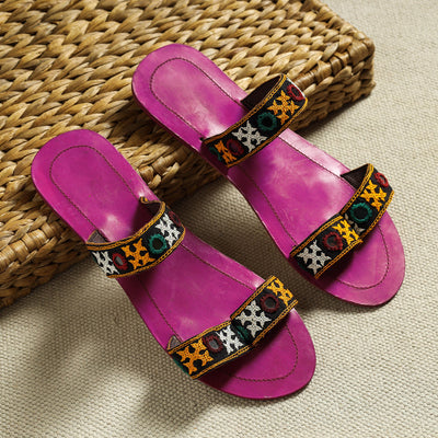 Pink Kutch Embroidery Handstitched Leather Flat Slippers
