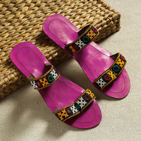 Pink Kutch Embroidery Handstitched Leather Flat Slippers