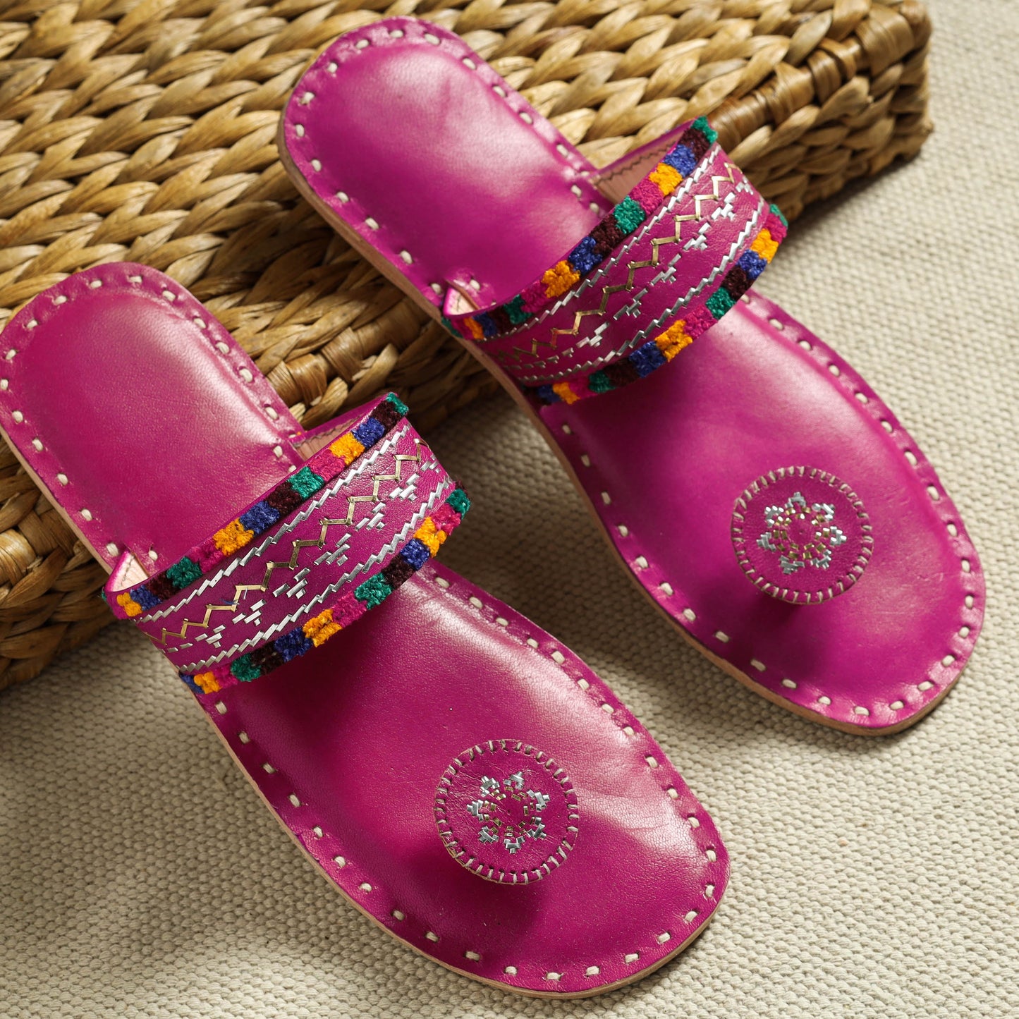 Pink Kutch Embroidery Handstitched Leather Flat Slippers