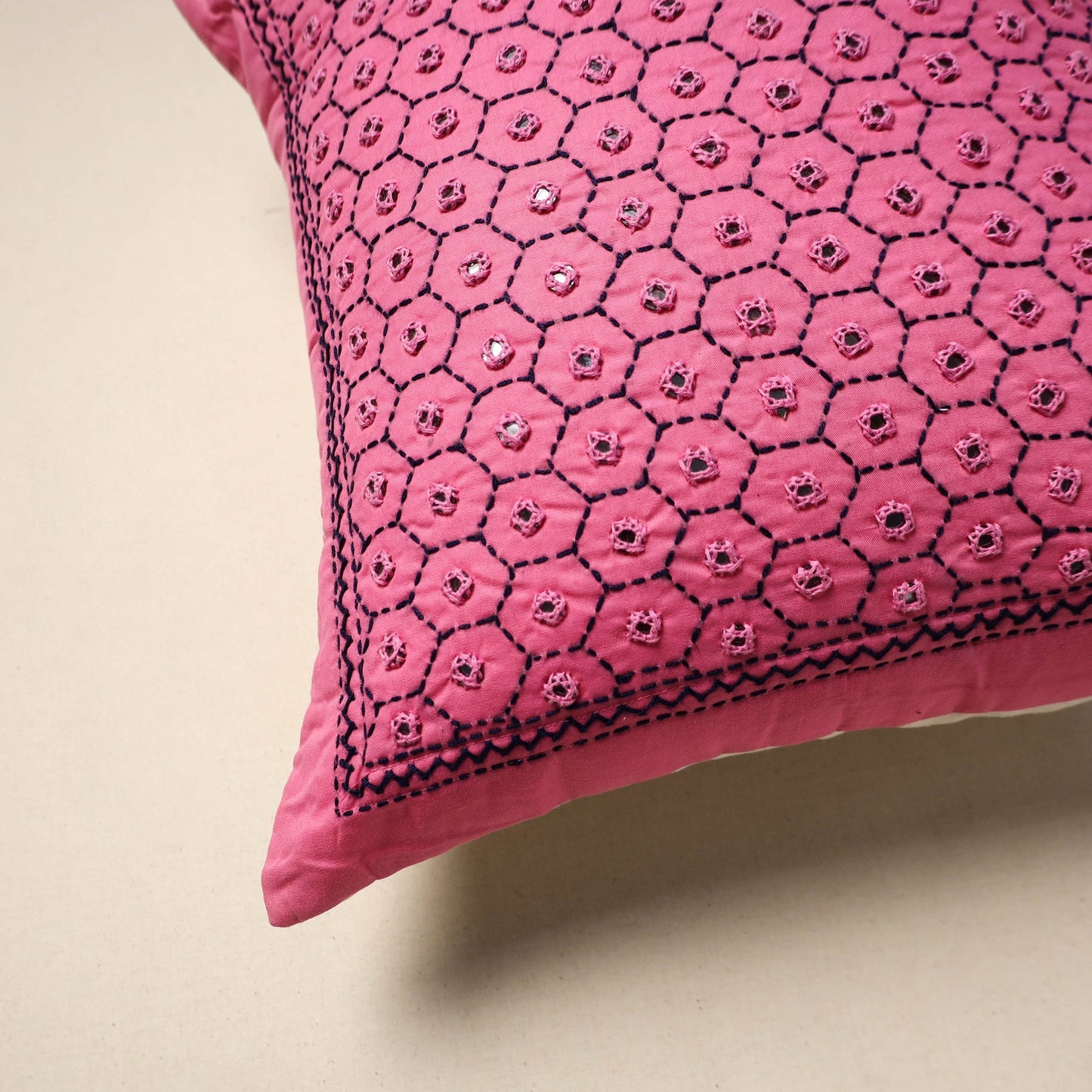 Kutch hand embroidery mirror work quilted cushion cover (16