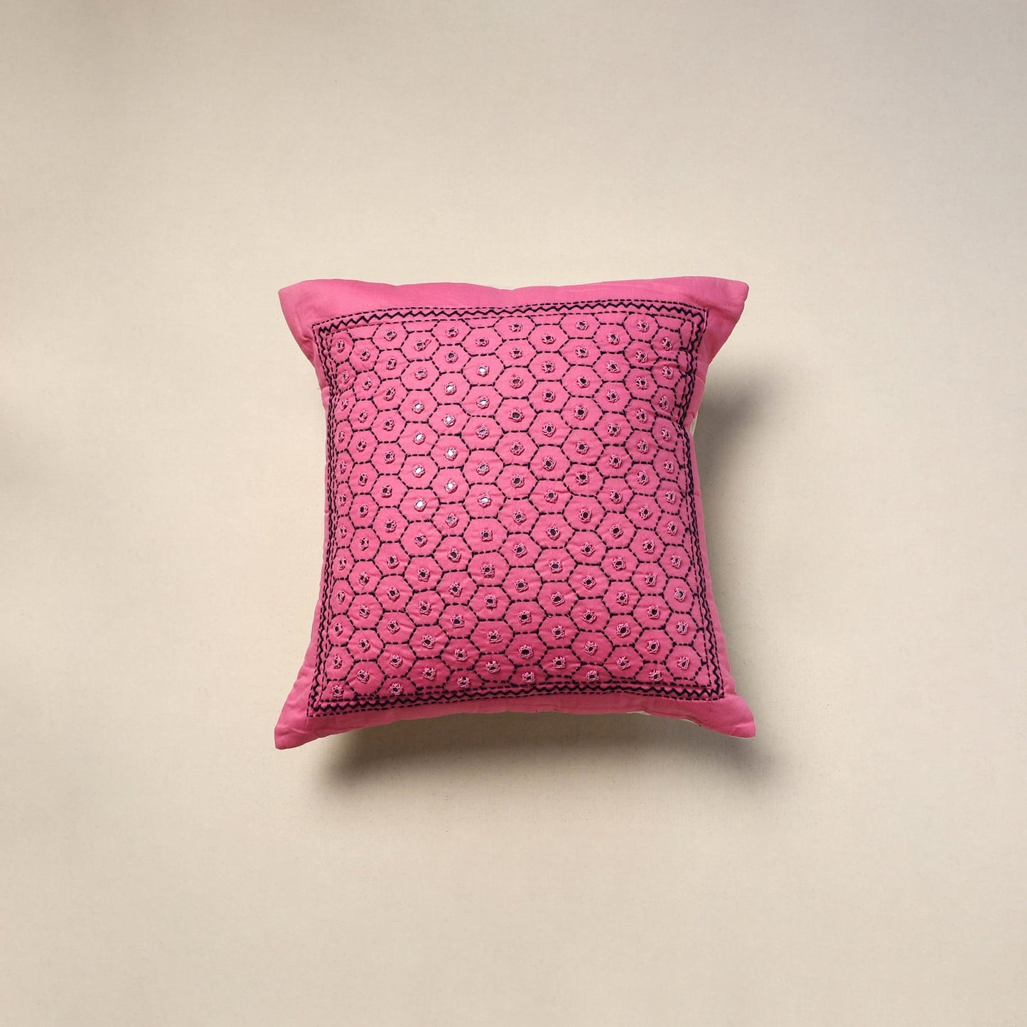 Kutch hand embroidery mirror work quilted cushion cover (16