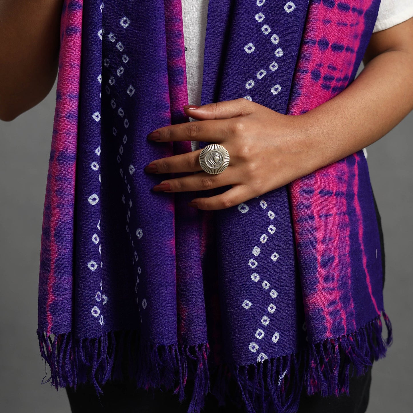 Pink - kutch handwoven bandhani & shibori woolen stole 36