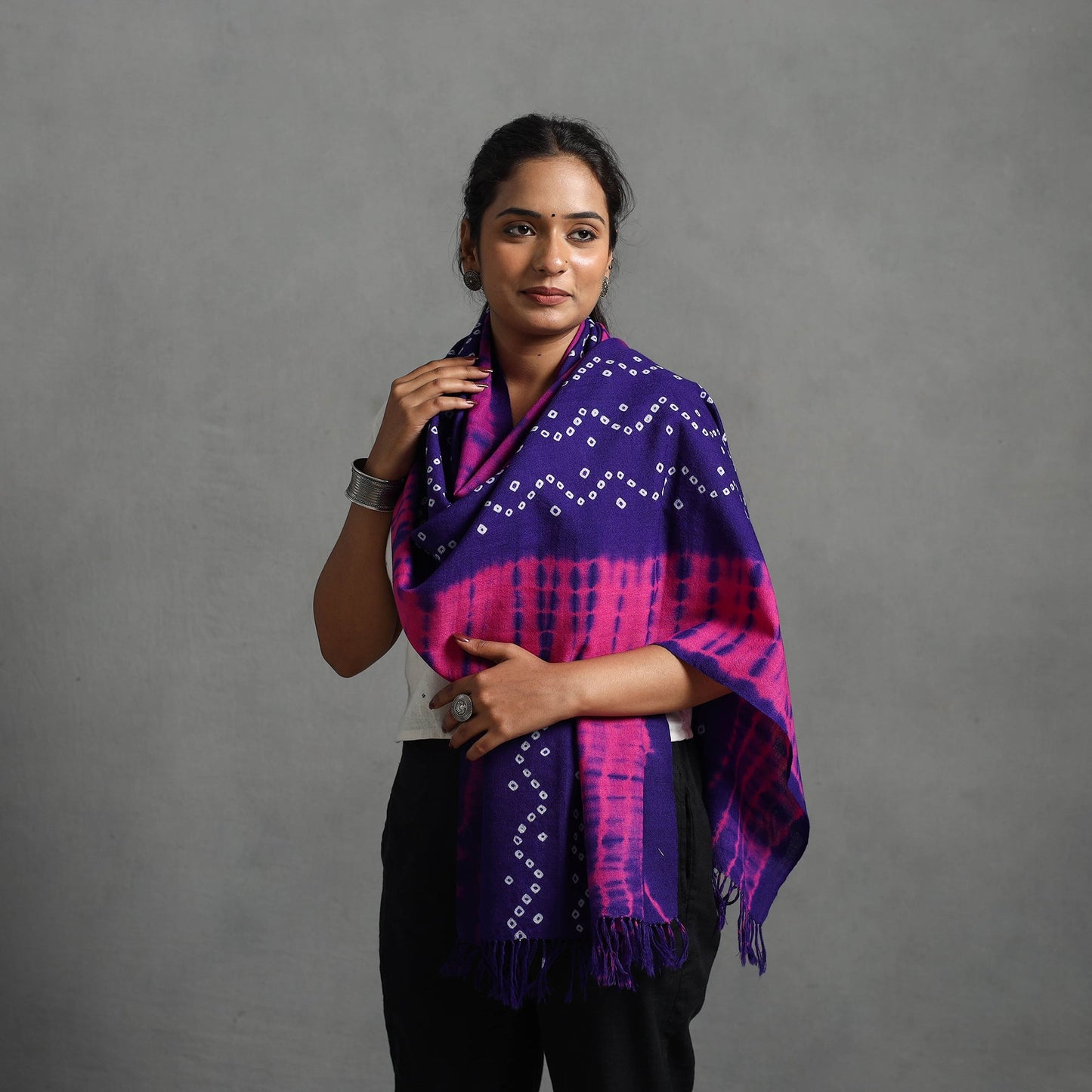 Pink - kutch handwoven bandhani & shibori woolen stole 36