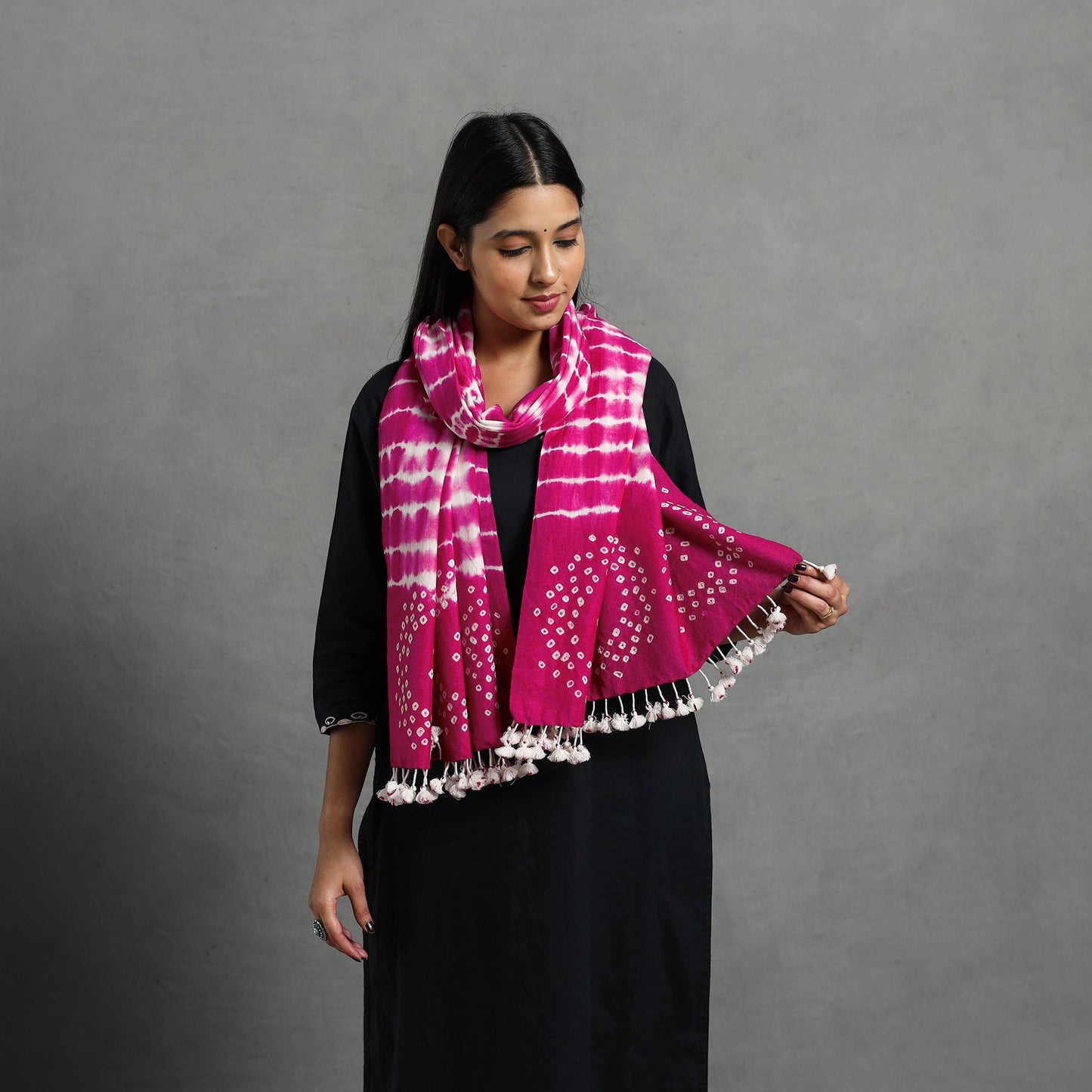 Pink Kutch Handwoven Merino Wool Shibori & Bandhani Stole