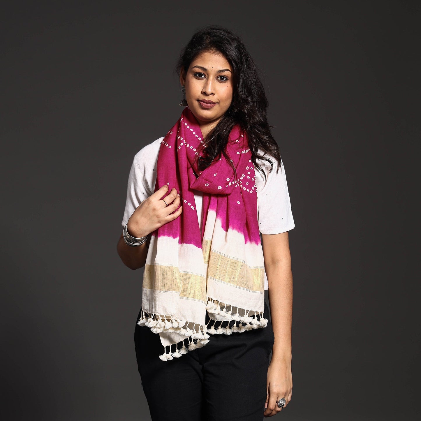Pink - Kutch Handwoven Tie & Dye Merino Wool Bandhani Stole