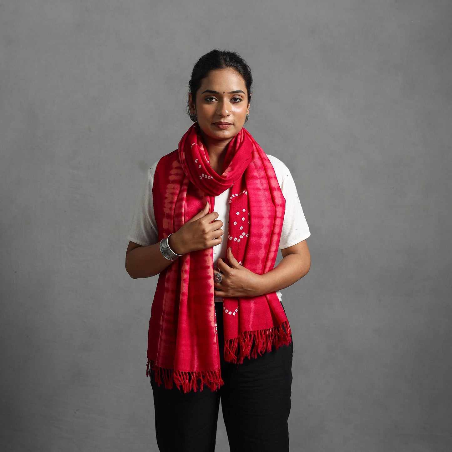 Pink - kutch handwoven woolen shibori & bandhani stole 30