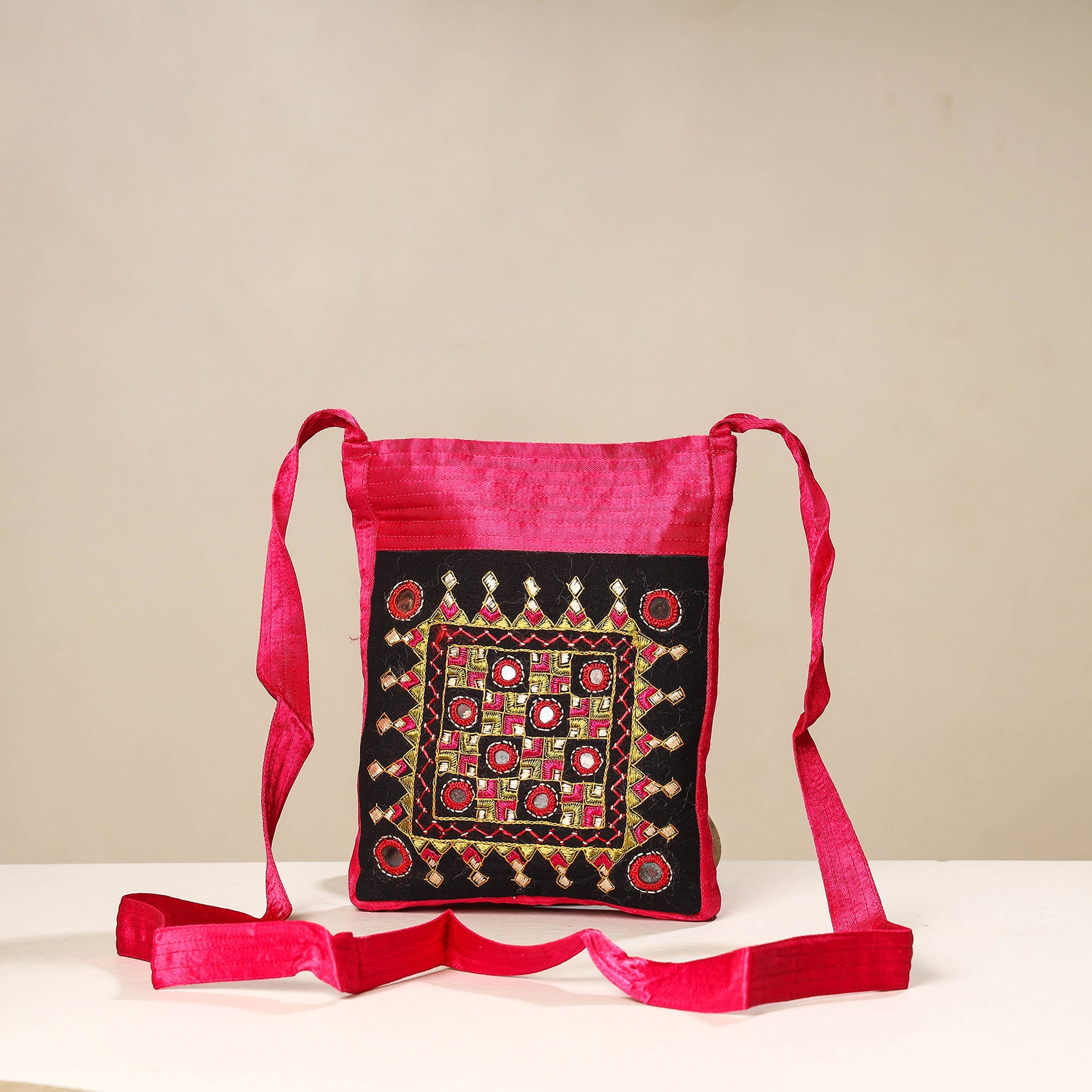 Black - Kutch Neran Hand Embroidered Sling Dori Mobile Pouch 214