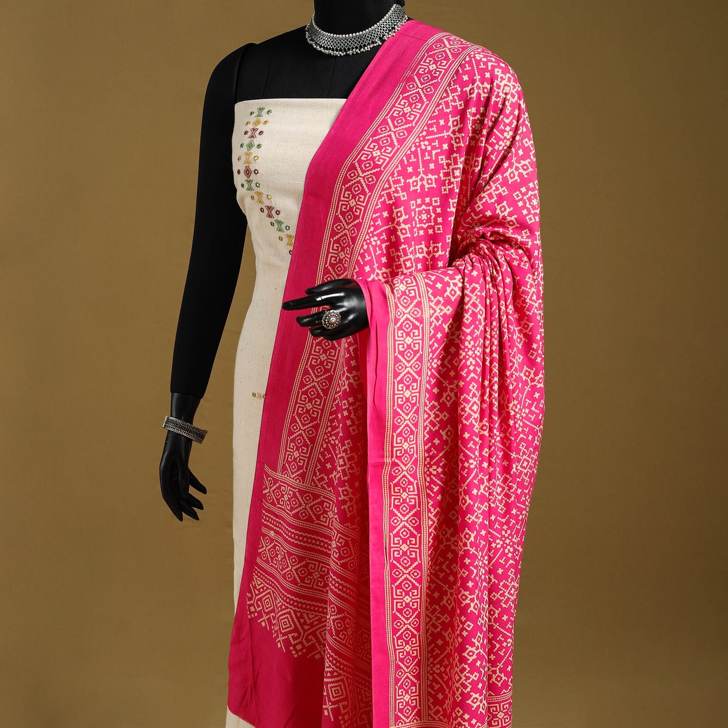 Pink - kutch printed rayon dupatta 22 - handcrafted