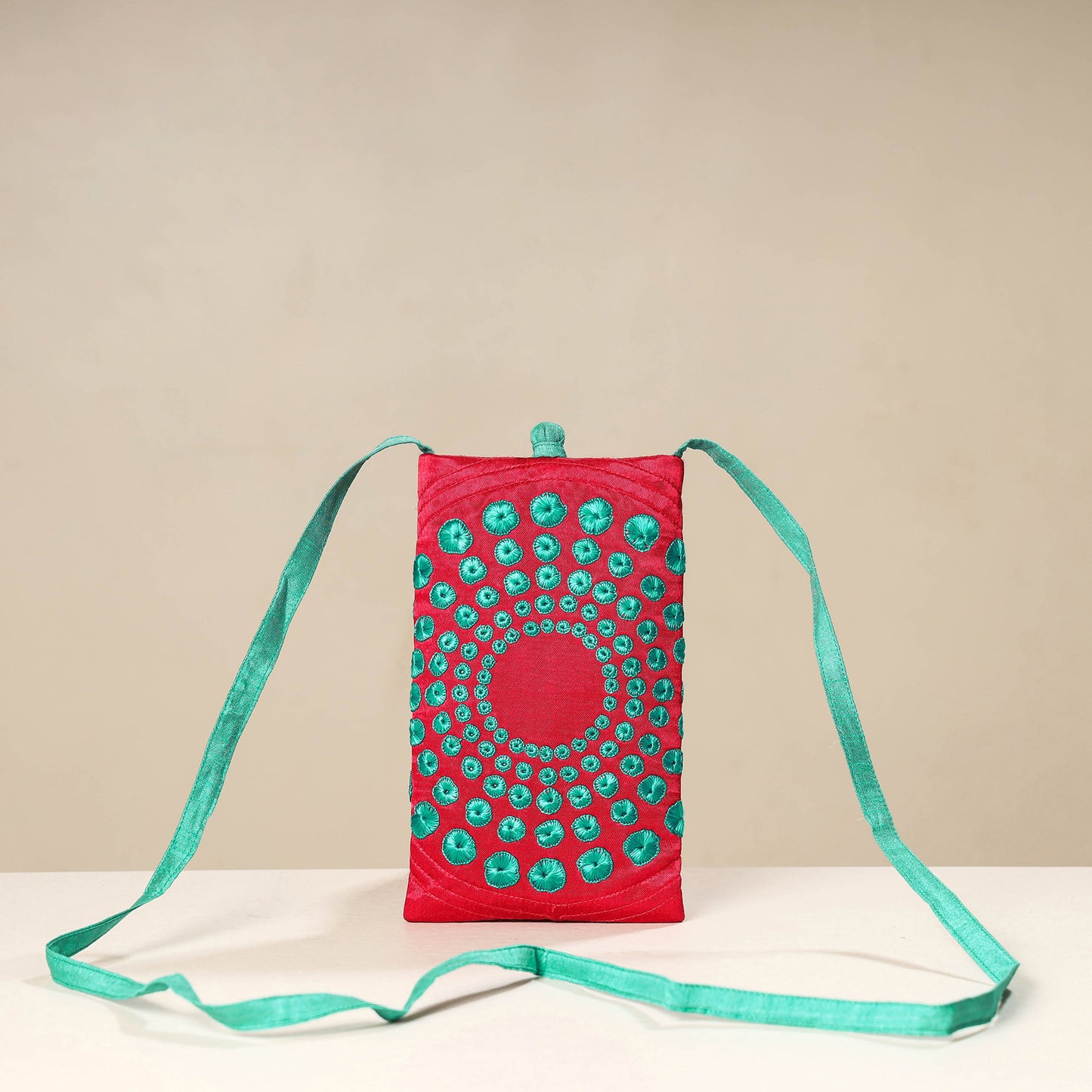 Pink Kutch Tappo Embroidery Mashru Silk Mobile Sling Bag 