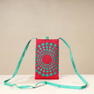 Pink Kutch Tappo Embroidery Mashru Silk Mobile Sling Bag 