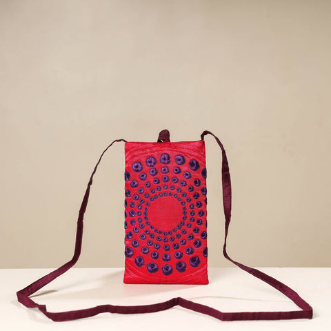 Pink Kutch Tappo Embroidery Mashru Silk Mobile Sling Bag 
