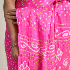 Pink - Kutch Tie-Dye Gajji Silk Bandhani Saree with Blouse Piece 13