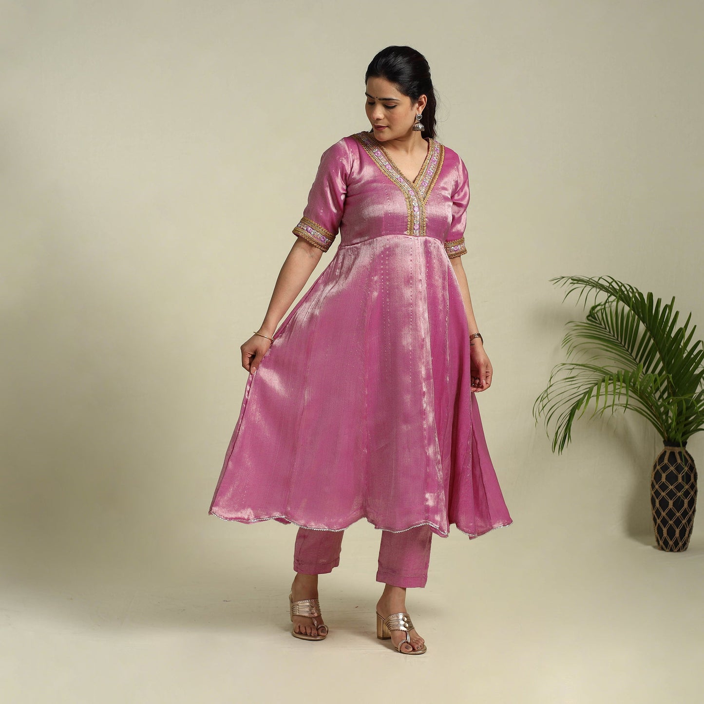 Pink Lace Work Fine Tissue Zari Plain Anarkali Kurta Set for Women