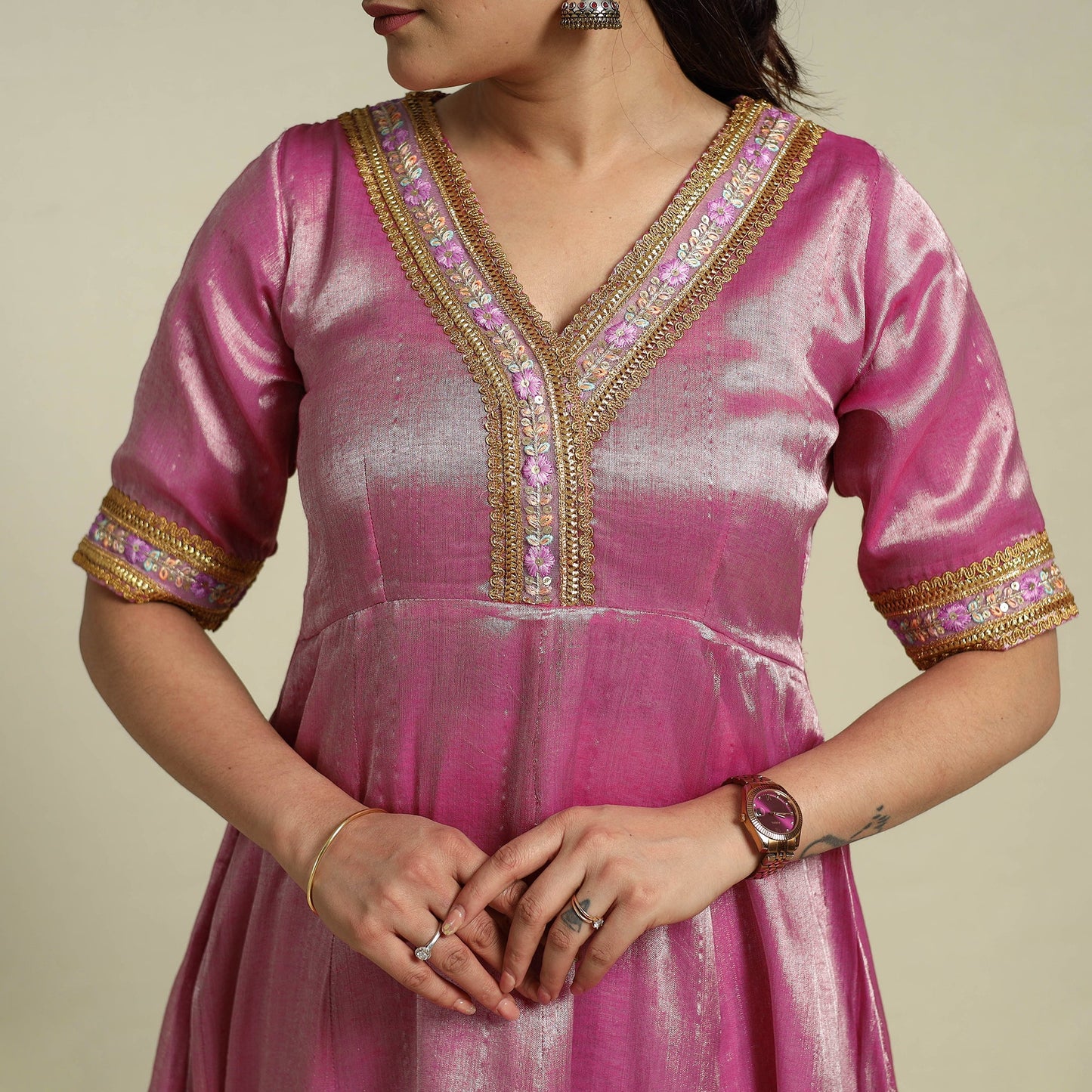 Pink Lace Work Fine Tissue Zari Plain Anarkali Kurta Set for Women