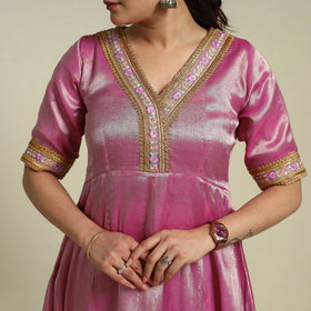 Pink Lace Work Fine Tissue Zari Plain Anarkali Kurta Set for Women