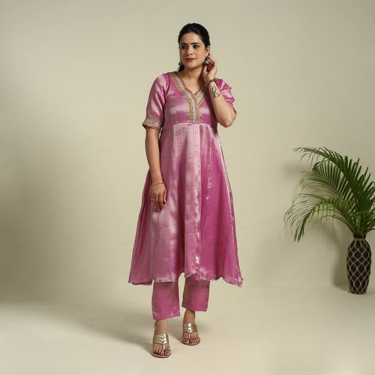 Pink Lace Work Fine Tissue Zari Plain Anarkali Kurta Set for Women