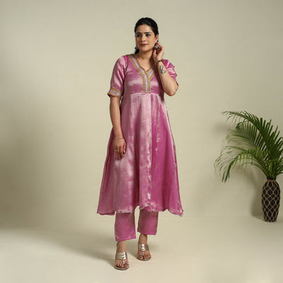Pink Lace Work Fine Tissue Zari Plain Anarkali Kurta Set for Women