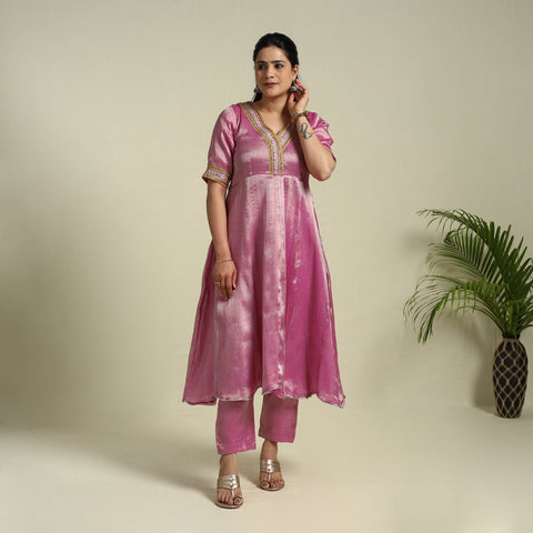 Pink Lace Work Fine Tissue Zari Plain Anarkali Kurta Set for Women