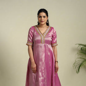 Pink Lace Work Fine Tissue Zari Plain Anarkali Kurta Set for Women