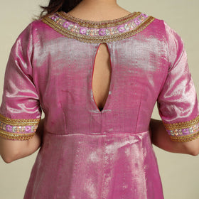 Pink Lace Work Fine Tissue Zari Plain Anarkali Kurta Set for Women