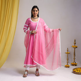 Lace Work Pink Plain Cotton Anarkali Kurta with Dupatta Set